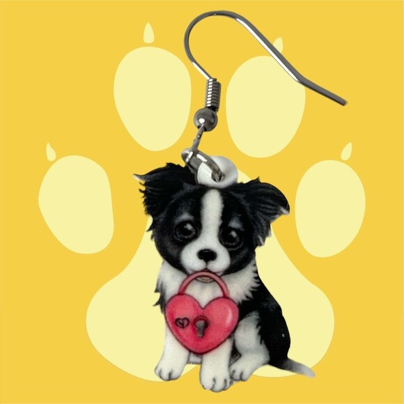 Adorable Heart Border Collie Dog Acrylic Dangle Earrings - Valentine's Day Gift - Picture 4 of 4